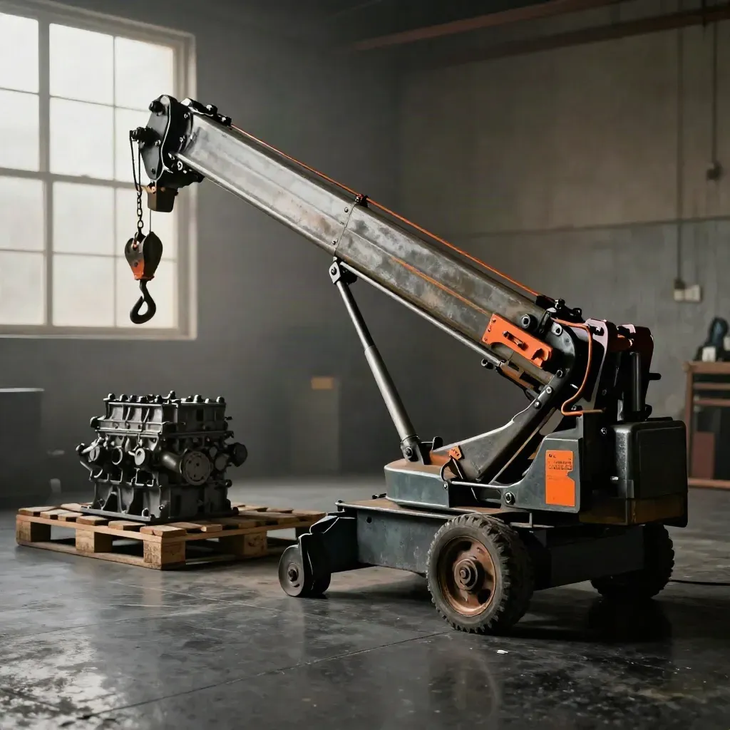 Low three-quarter engine hoist beside an engine cradle in a dark hazy studio.