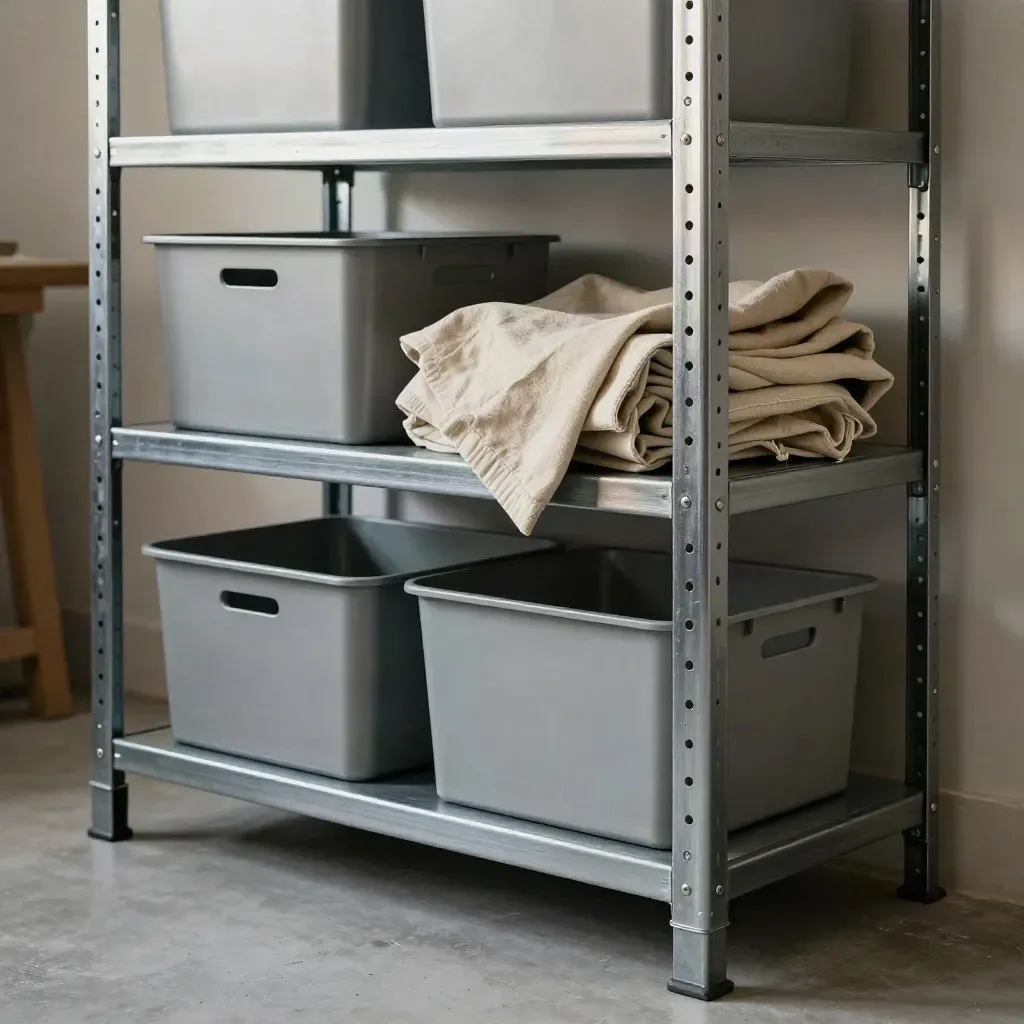 Steel rack with bins and boxes, folded canvas cloth, close-up in soft industrial light