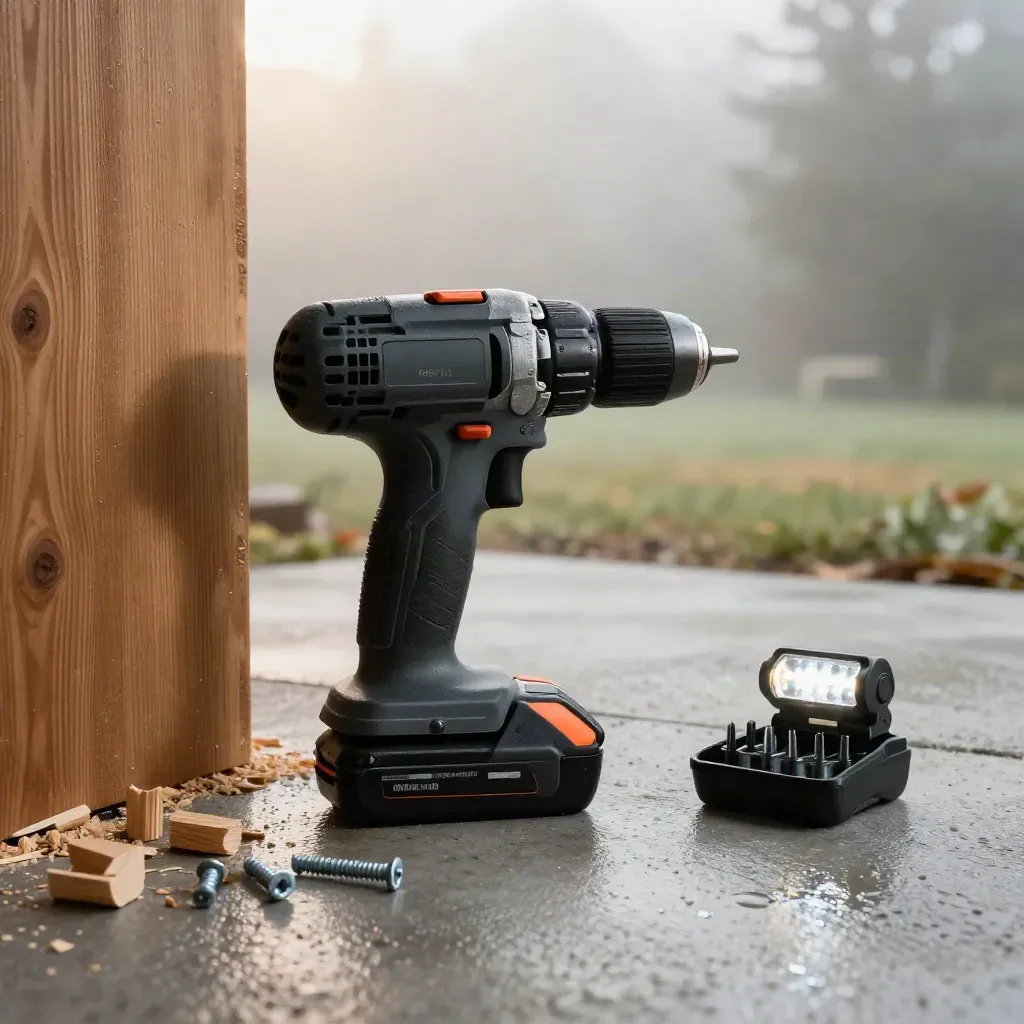 Matte black drill kit with batteries and screws on wet pine offcuts in a misty workshop bay.