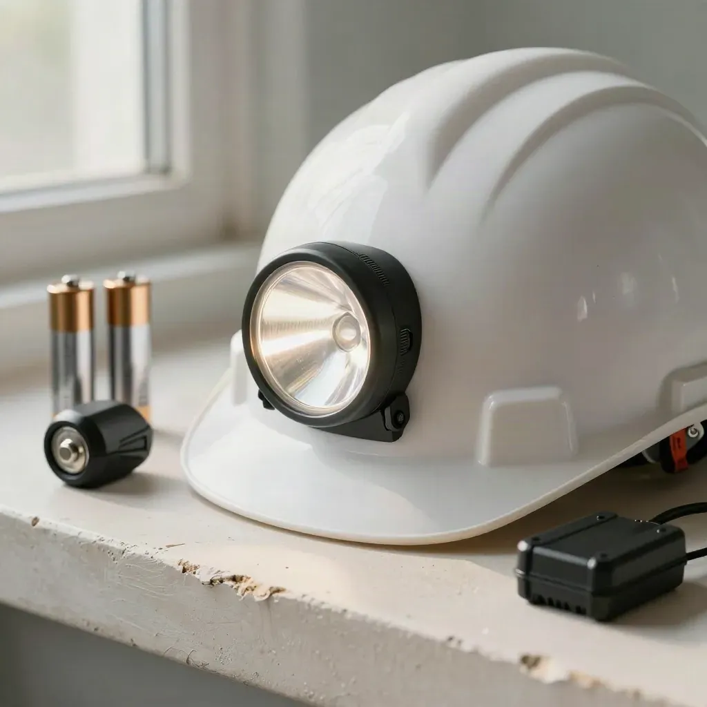 White hard hat light kit with accessories on a pale plaster ledge, softly glowing.