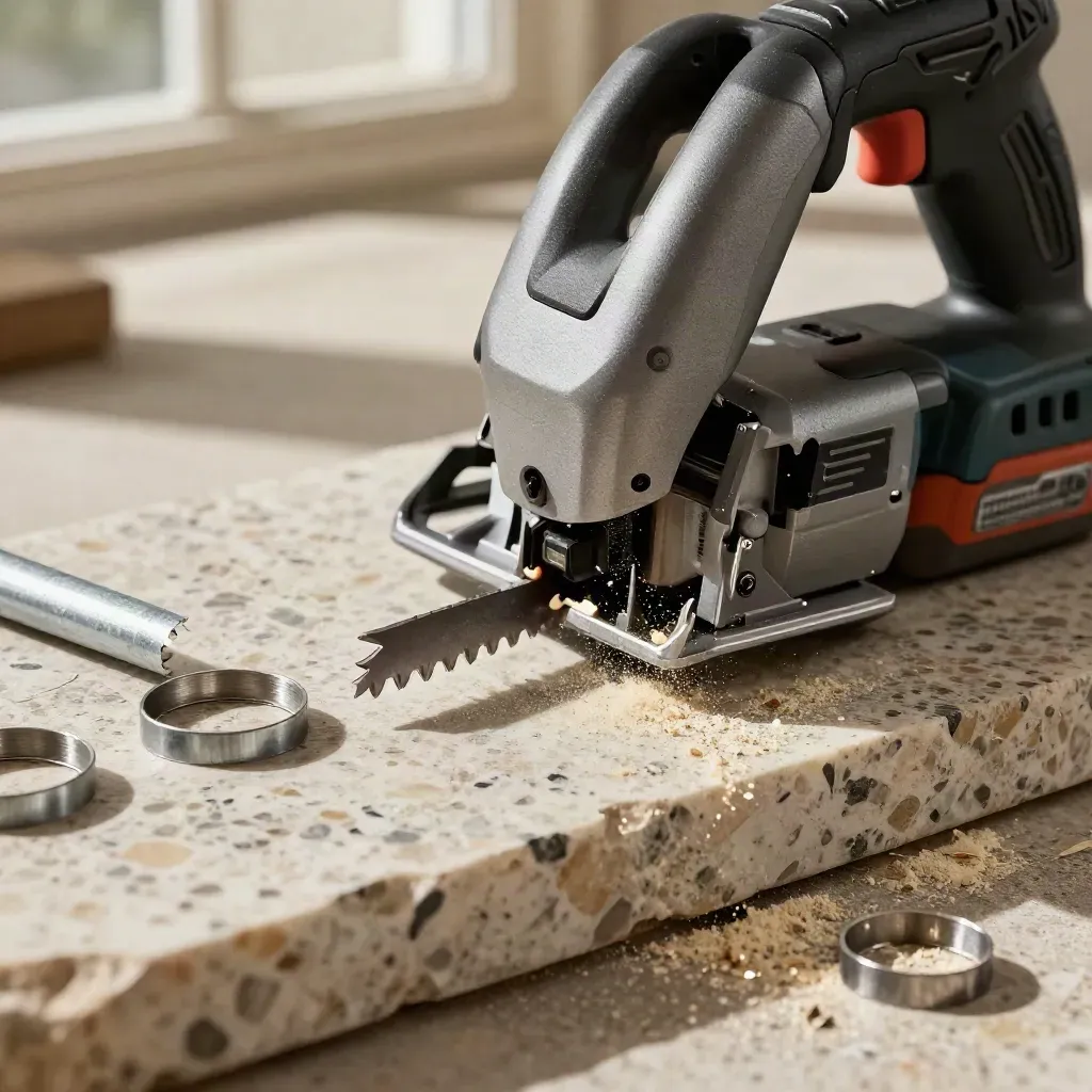 Macro of a cordless reciprocating saw biting through pipe offcuts on travertine stone with drifting sawdust
