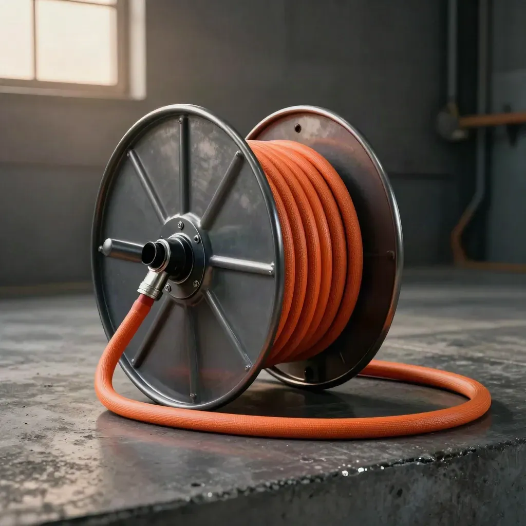 Air hose reel retracting in a smooth arc across concrete under dramatic studio light.