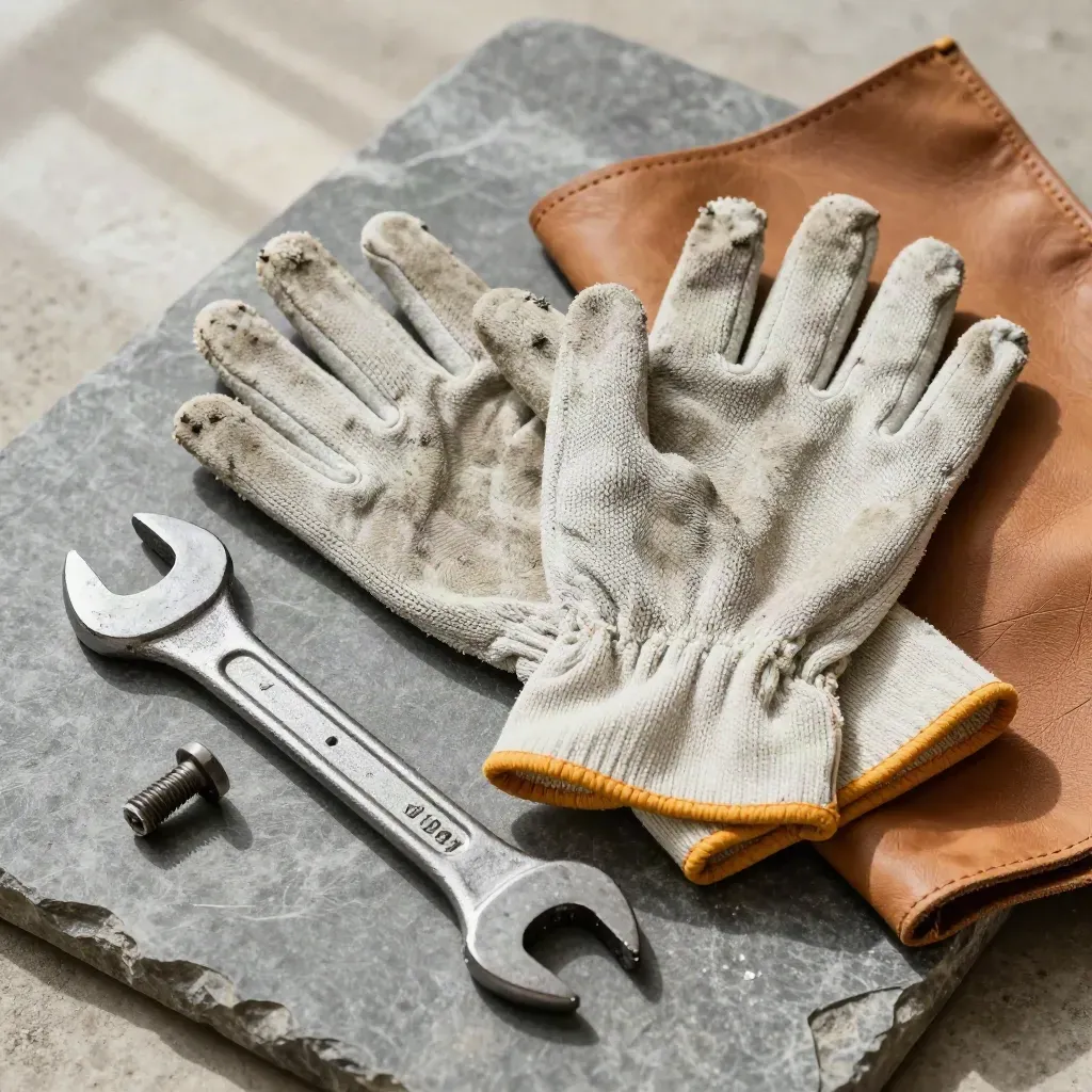 Overhead flatlay of cut-resistant gloves, wrench, bolts and leather cloth on gray stone.