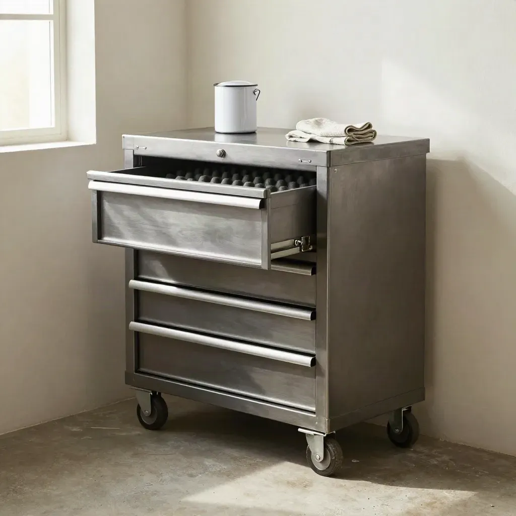 Open steel tool chest with foam-lined drawer, casters and oil can in a hazy workshop