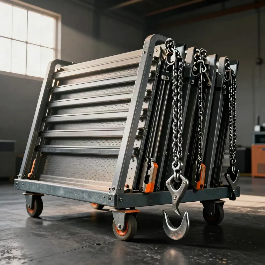 Stacked carts, rack panels and lifting gear form a dramatic diagonal industrial bundle on dark concrete.