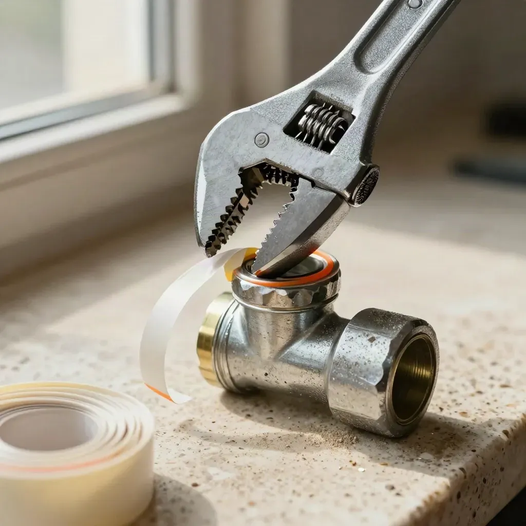 Macro of a pipe wrench biting a pipe elbow with PTFE tape and fittings on travertine.