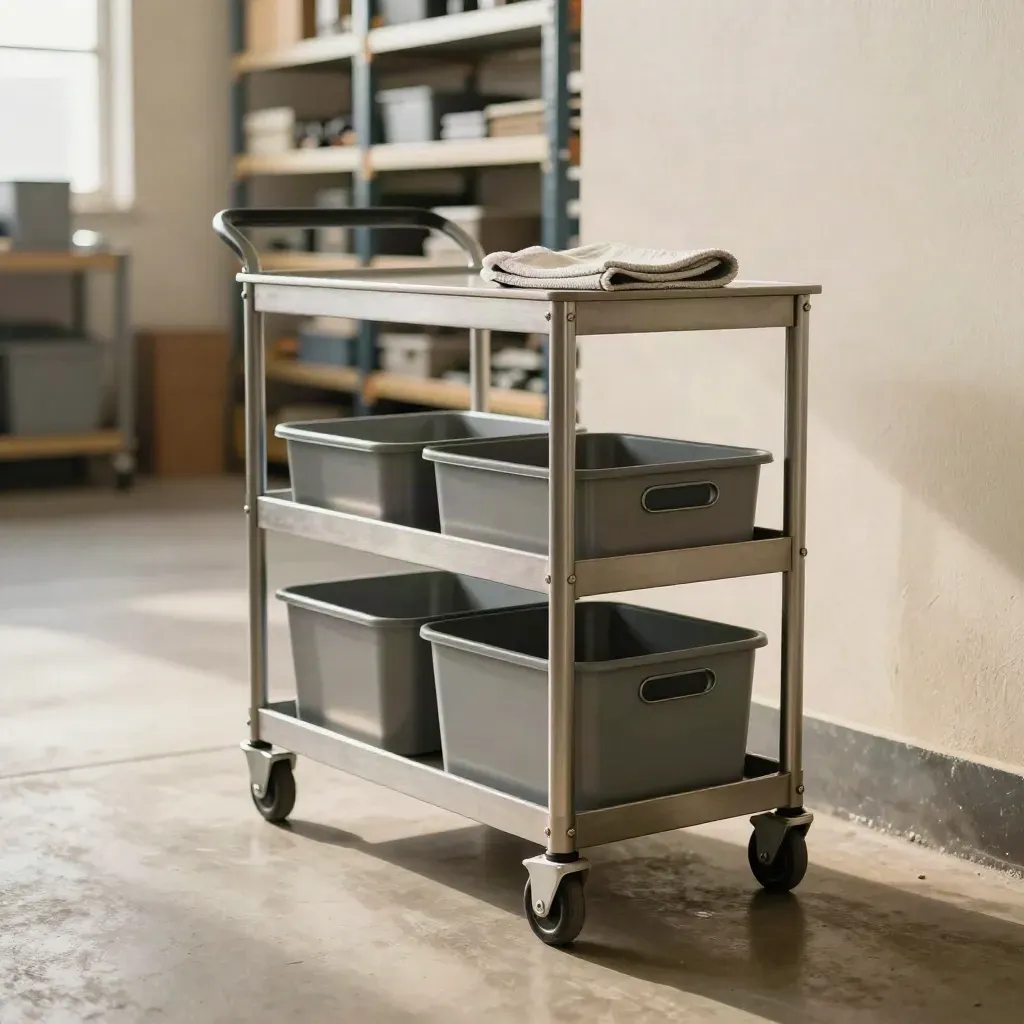 Three-shelf mobile parts cart rolling through a hazy industrial bay with lidded bins and shop rag.