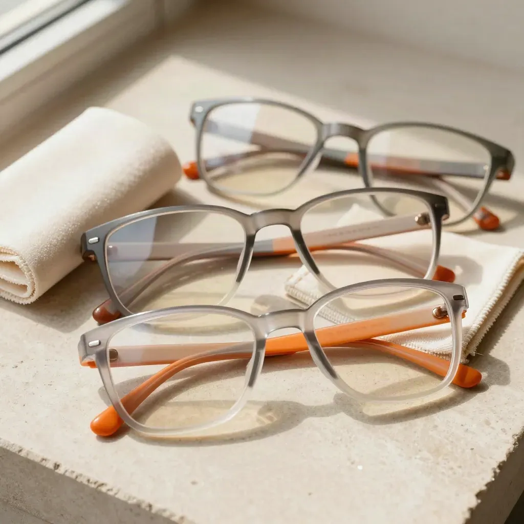 Five safety glasses fanned on pale stone with cloth, foam sleeve, and soft light