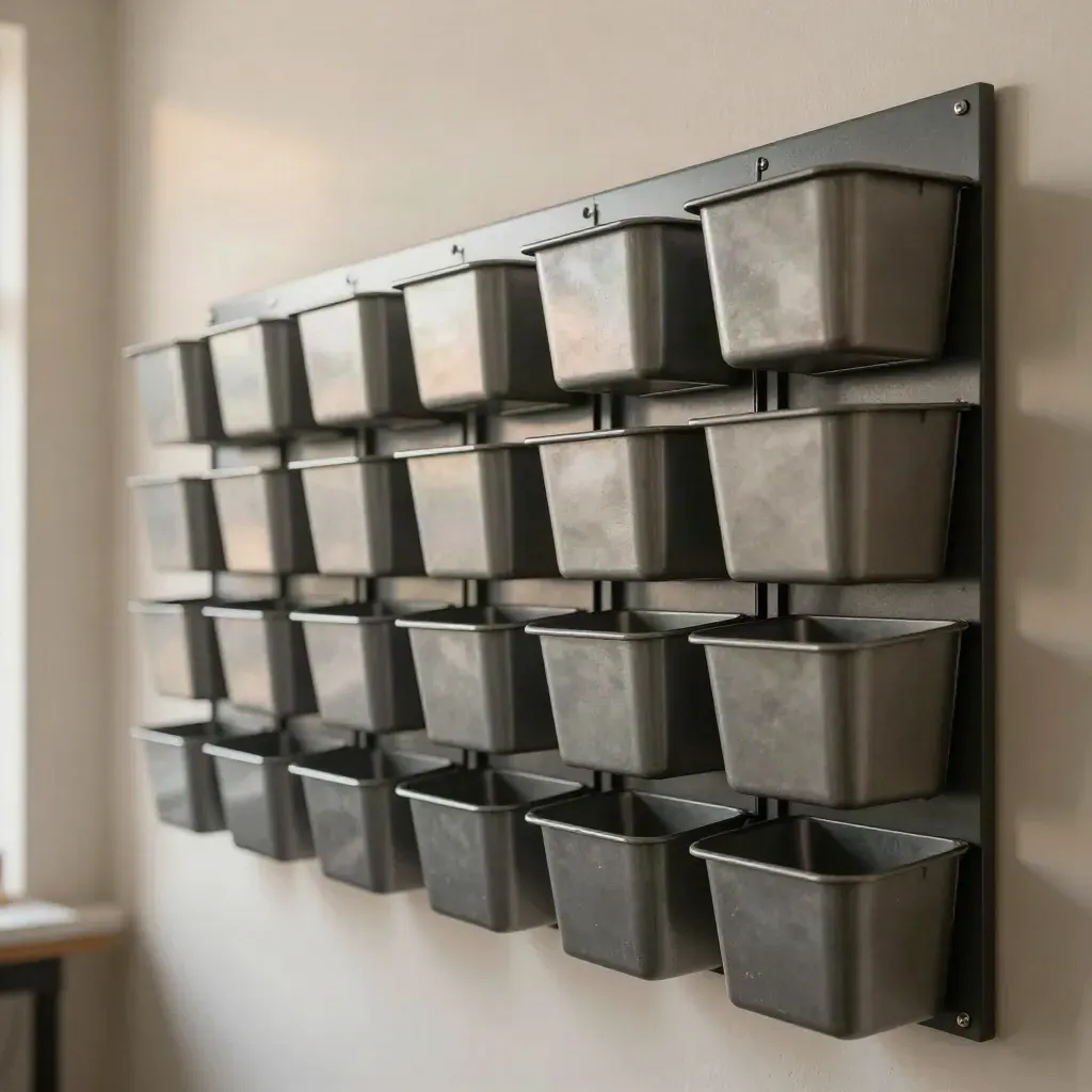 Wall-mounted bin rack with empty bins aligned against a pale shop wall in dark dramatic light.