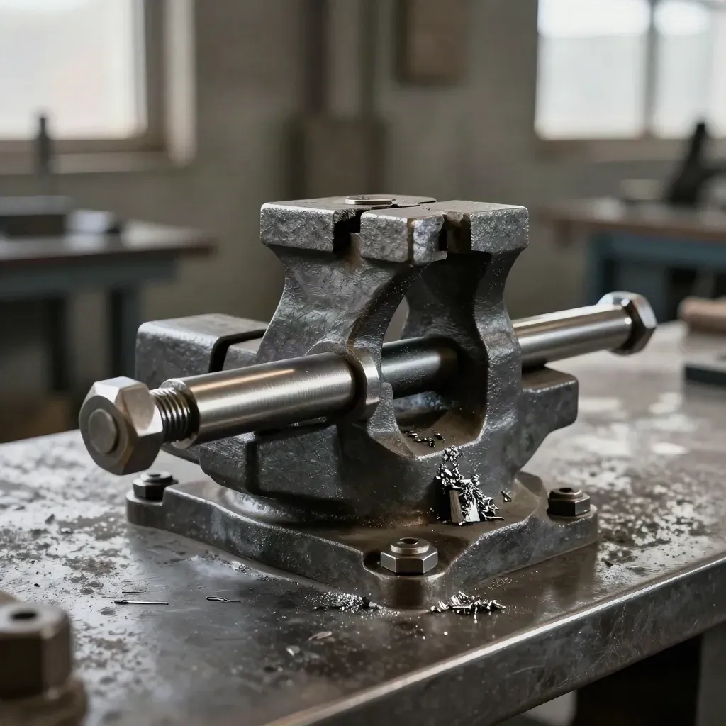 Workbench vice clamping a metal bar on a steel bench with filings and dark haze