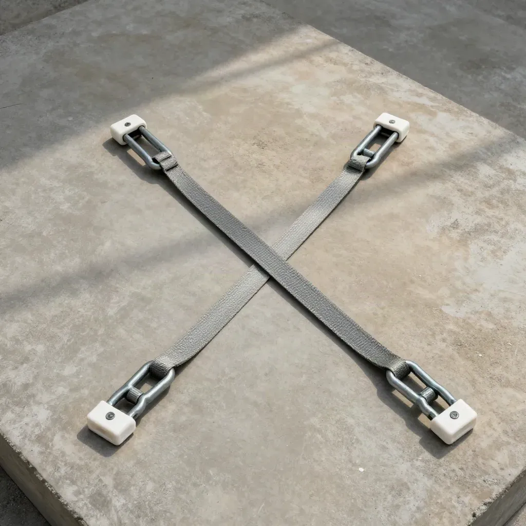 Two lifting slings crossed with shackles and edge protectors on coarse concrete