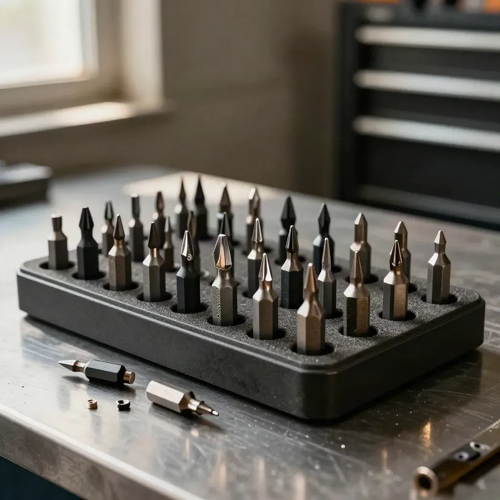 Impact driver bits standing in foam tray, with loose tips and a magnetic holder.