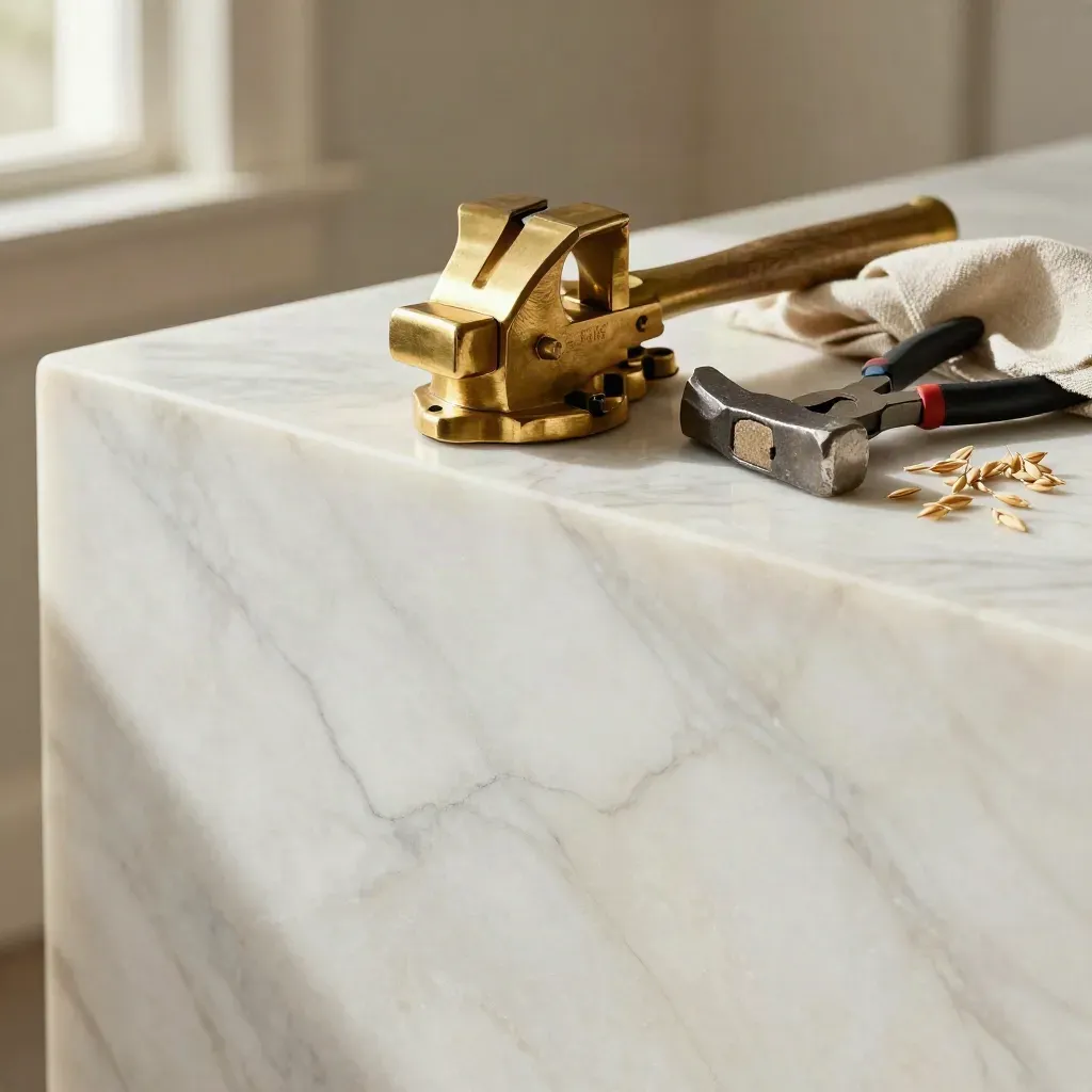 Brass vise, hammer, pliers and cloth on sunlit marble with calm copy space below.