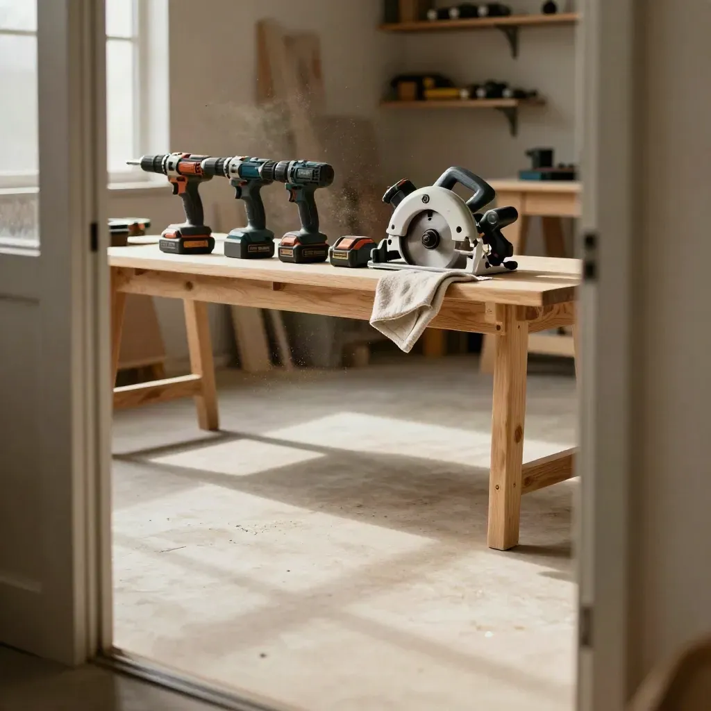 Warm workshop interior with cordless tools on an oak bench, calm concrete floor below.
