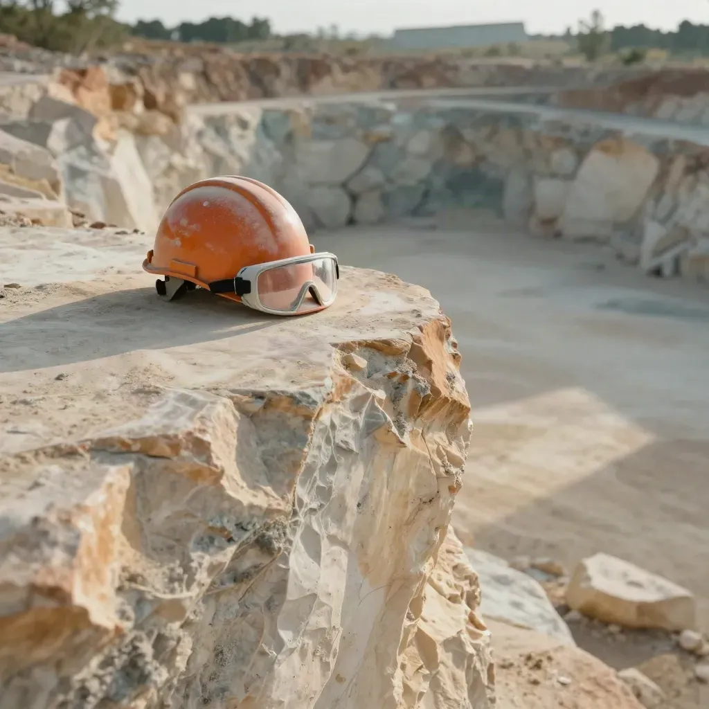 Safety helmet and goggles on a sandstone quarry ledge above a hazy scrubby worksite.