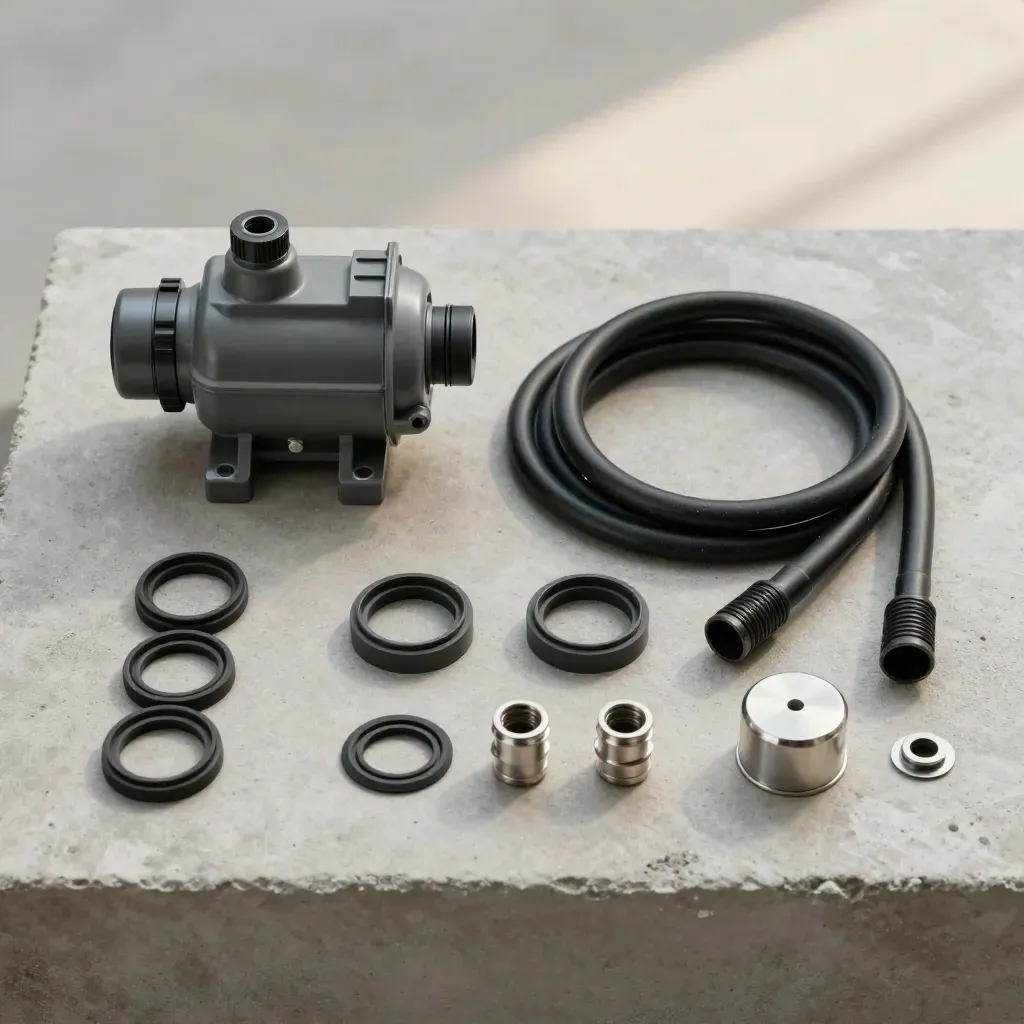Replacement pump kit parts laid out on concrete: housing, hoses, seals and fittings