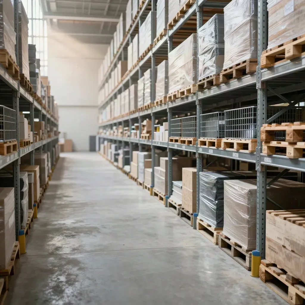 Sunlit warehouse aisle with tall steel storage racks receding into a bright vanishing point.