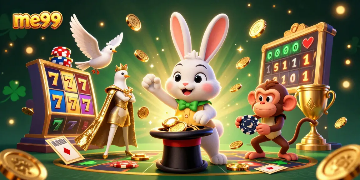 Win big with me99 at this vibrant casino scene featuring magical characters and spinning slot reels.