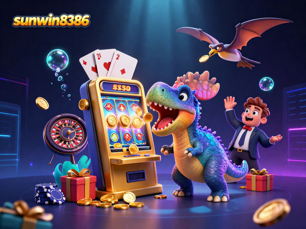 Engage with sunwin8386's dynamic casino experience as a cartoon pachycephalosaurus interacts with a slot machine.