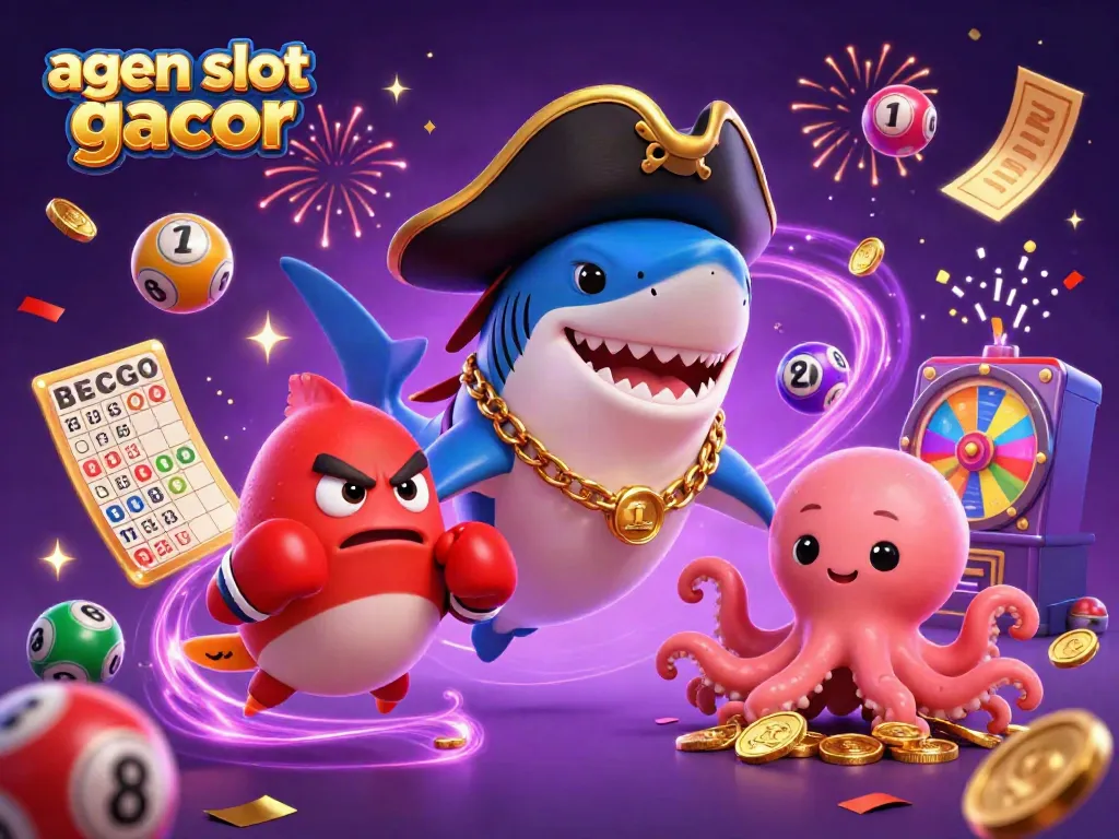 Engage with agen slot gacor in a vibrant casino illustration featuring animated sea creatures and dynamic gaming elements.
