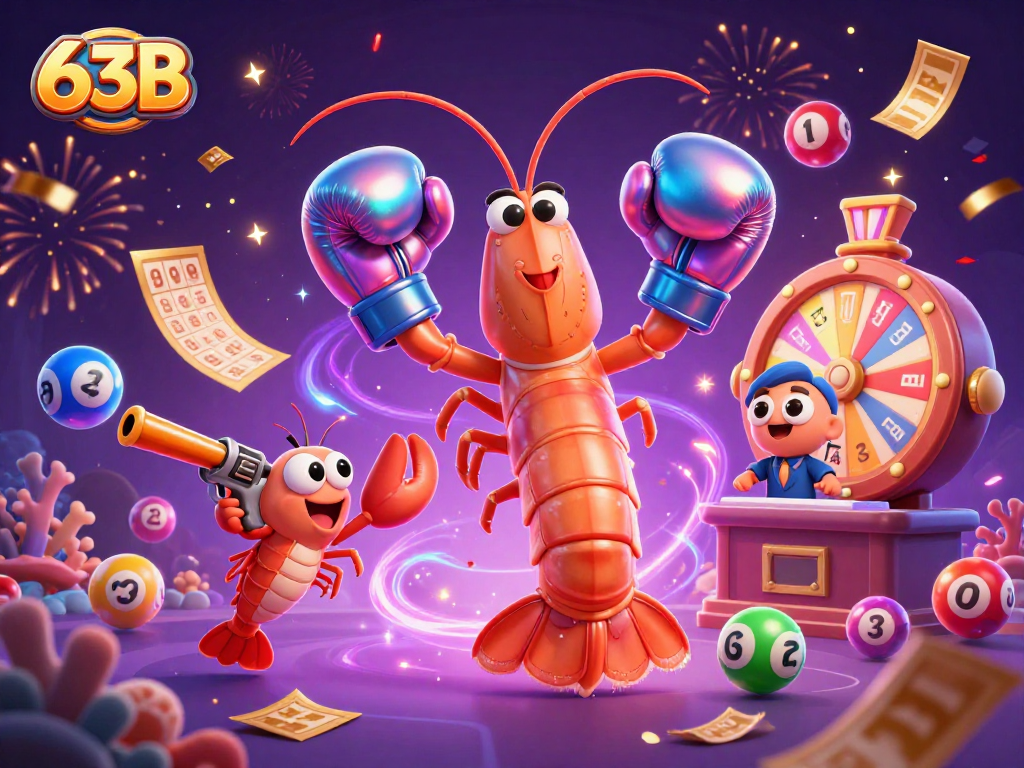 Veja a cena vibrante da 63B com camarões e elementos de bingo, criando uma atmosfera de vitória.