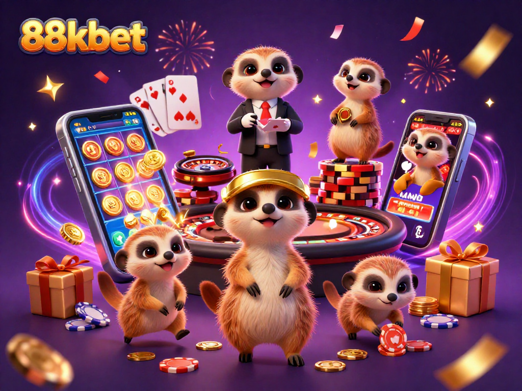 Experience the lively atmosphere of 88kbet's casino with meerkats running the show, amidst exciting games and rewards.