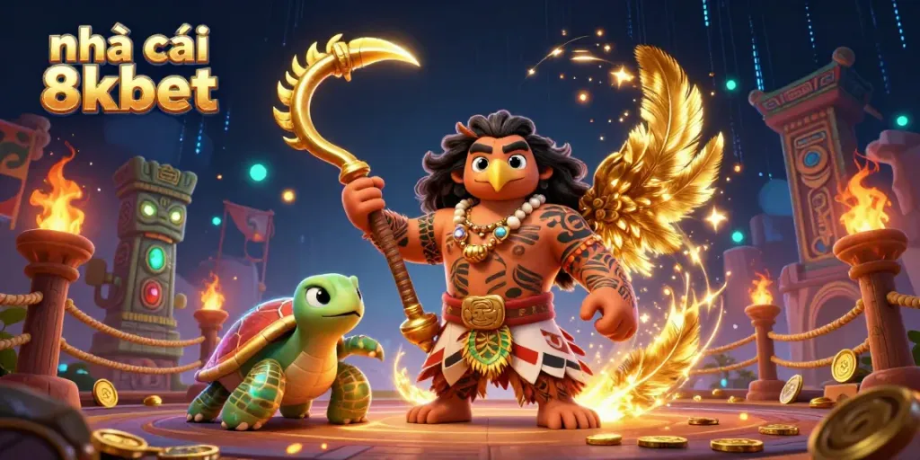 Join the excitement at nhà cái 8kbet with this vibrant 3D casino-themed scene featuring a demigod and mystical elements.