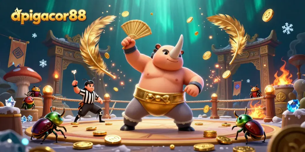 Engage in the thrilling action of apigacor88 as the sumo champion beetle celebrates a victory amidst flying gold coins.