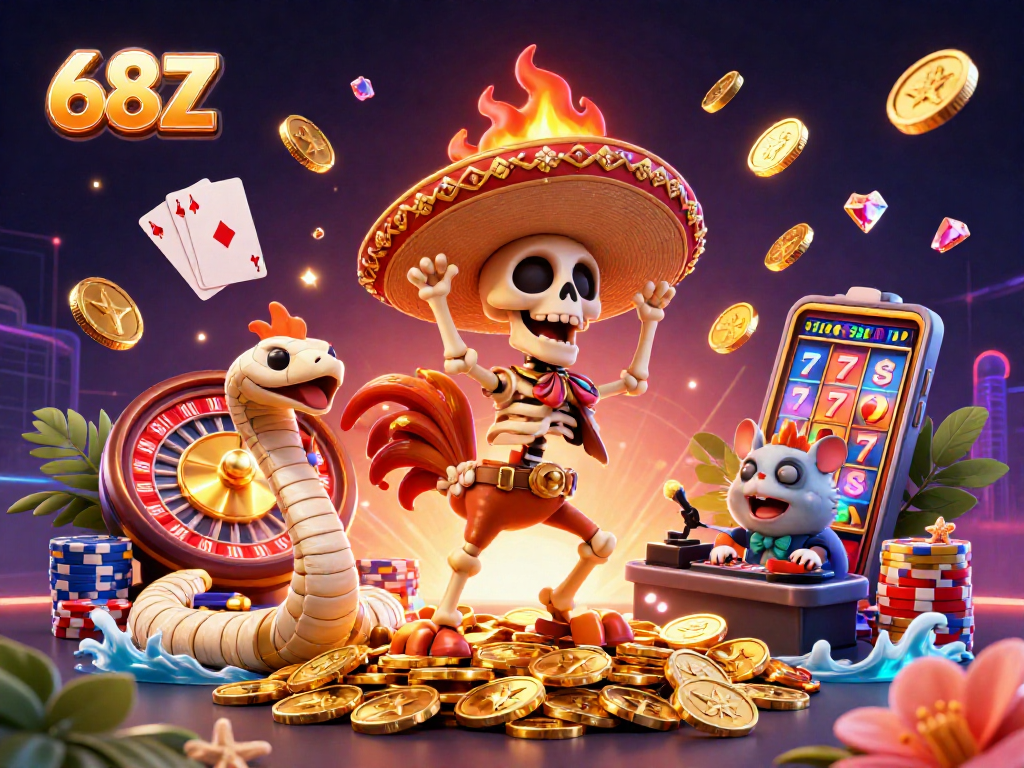 68Z cria uma cena vibrante com um esqueleto mariachi, uma cobra múmia e um hamster DJ em um cassino.