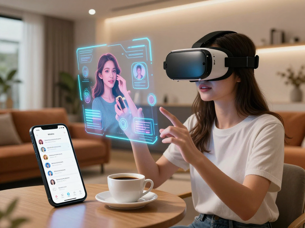 Engaging scene featuring a user with a lifelike nsfw ai girlfriend in a modern virtual lounge.