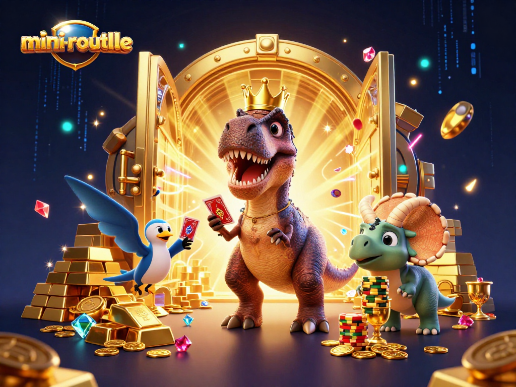 Participate in mini-roulette with a playful T-Rex shuffling cards and glowing treasures.