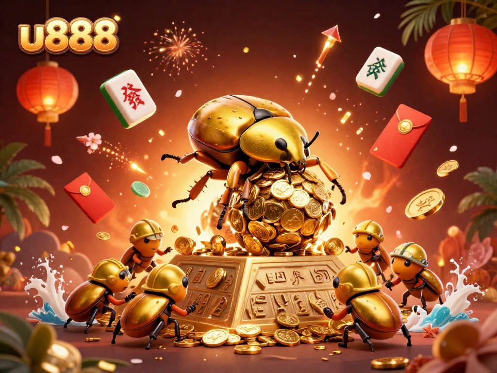 Experience the excitement at u888 with vibrant casino-themed 3D illustration featuring golden coins and beetles.