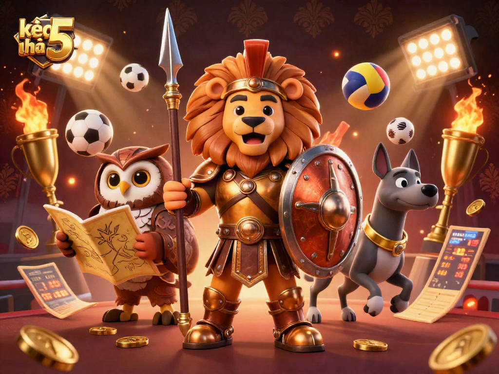 Wager on kèo nhà cái 5 with a dynamic 3D scene of sports legends and elements.