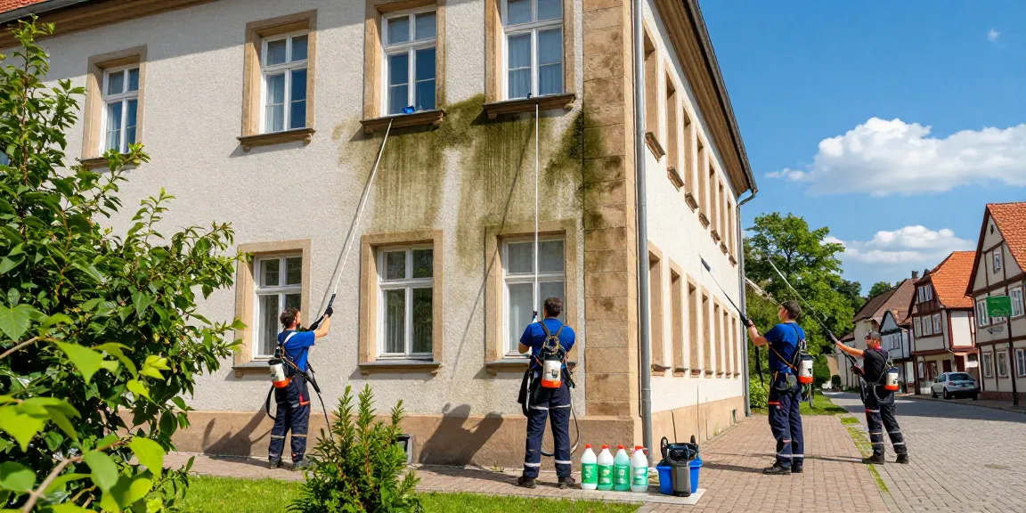 Professionelle Reinigung Homberg (Efze) mit erfahrenem Team, das eine Fassade umweltfreundlich säubert.