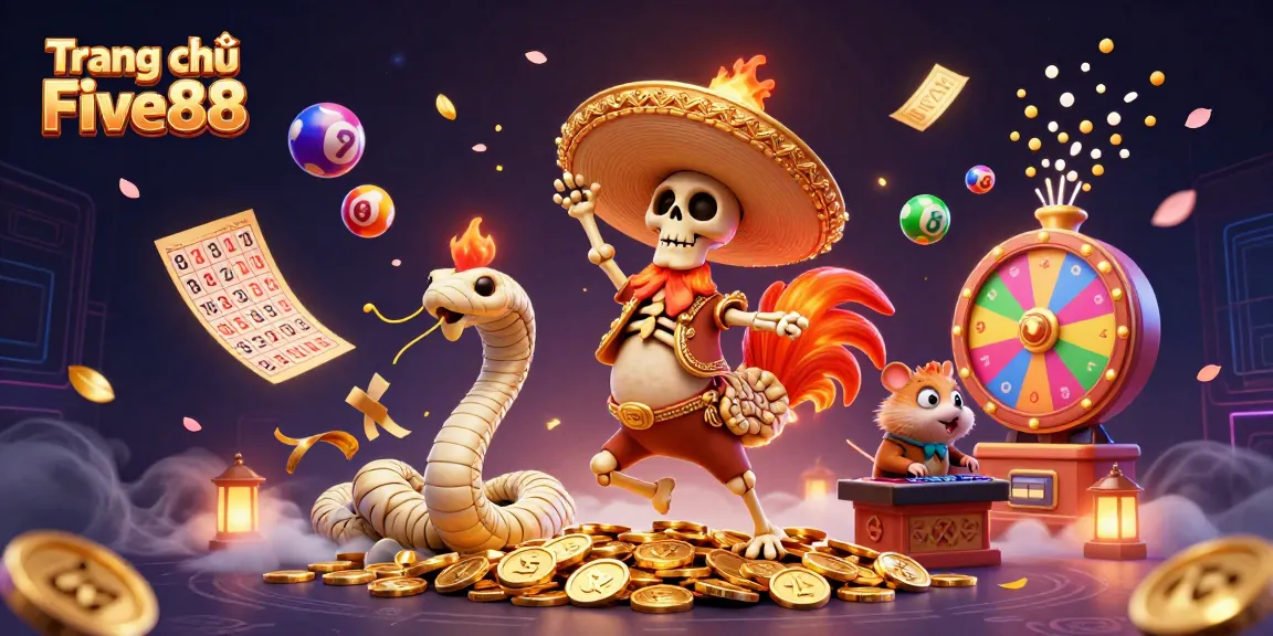 Engage with thrilling games at Trang chủ Five88, featuring a party of colorful characters in a dynamic casino scene.