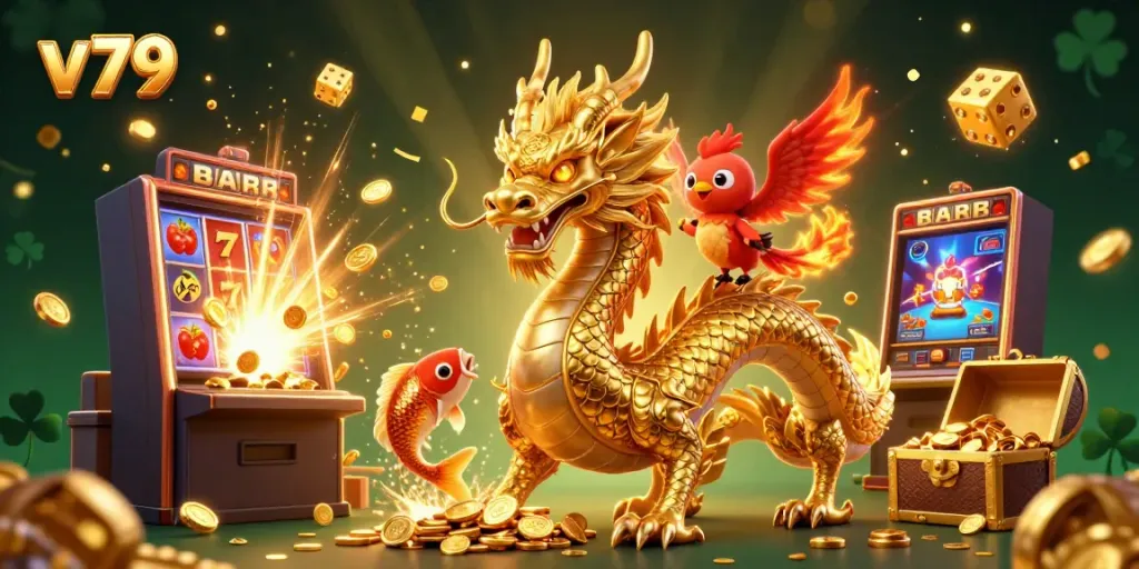 Experience thrilling wins with the vibrant v79 gaming scene featuring a majestic dragon and lucrative slot machines.