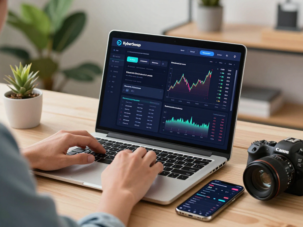 Kyber-swap user engaging in cryptocurrency trading on a laptop in a modern workspace.