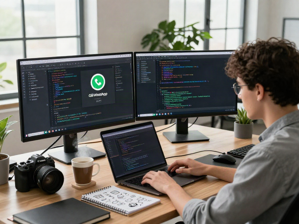 Developing GB WhatsApp APK in a modern tech workspace with dual monitors and coffee.