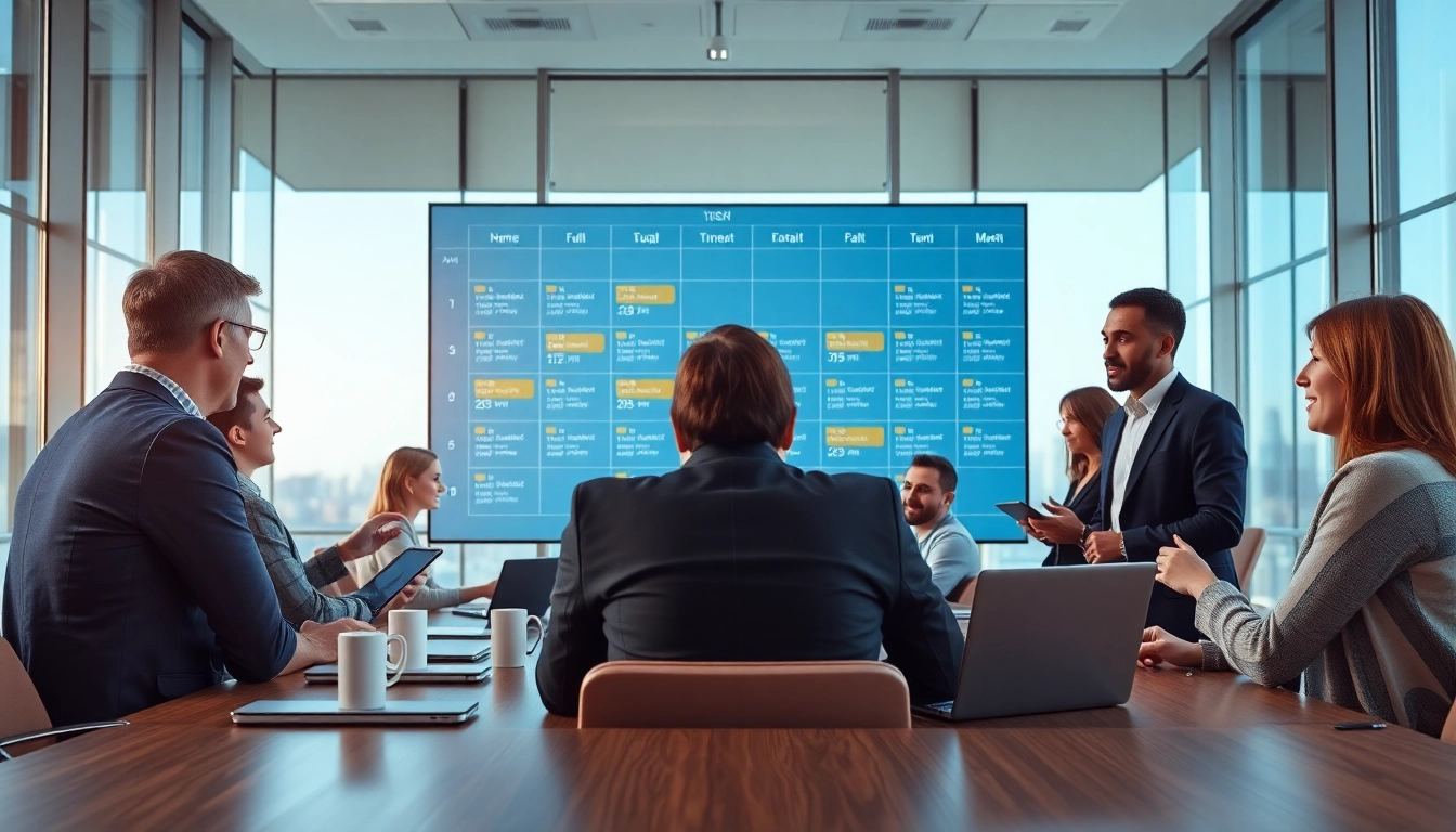 Implement proactive scheduling AI in a vibrant business meeting for enhanced team productivity.