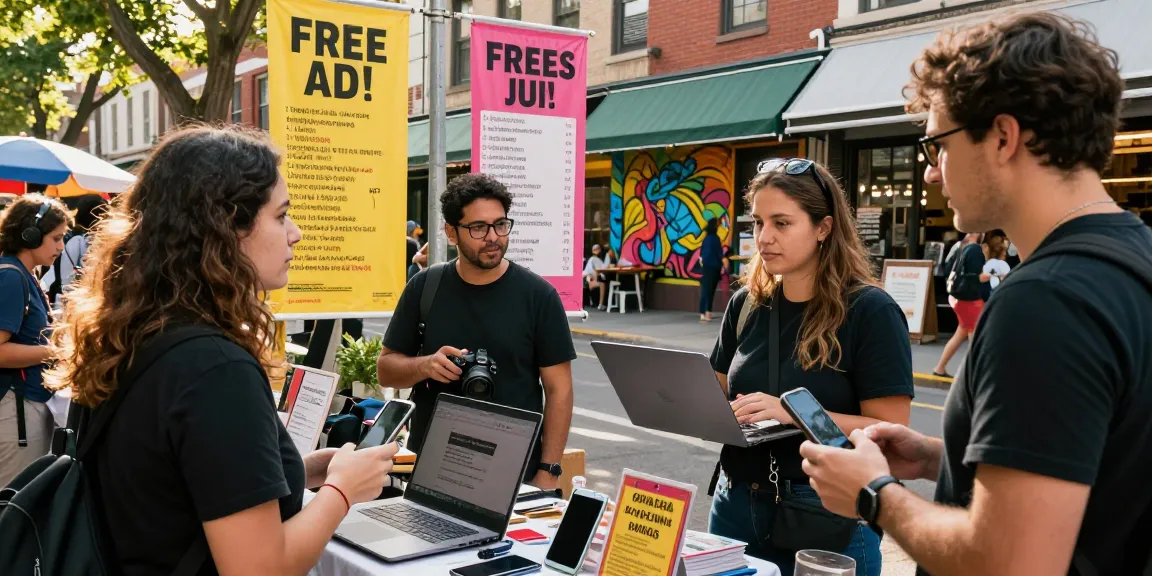 People engaging in local classifieds on BedPersonal in a vibrant urban market scene.