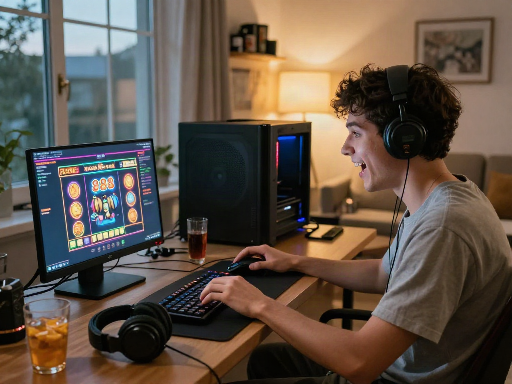 Exciting gaming scene with slot88 game displayed on laptop, snacks and drinks present.