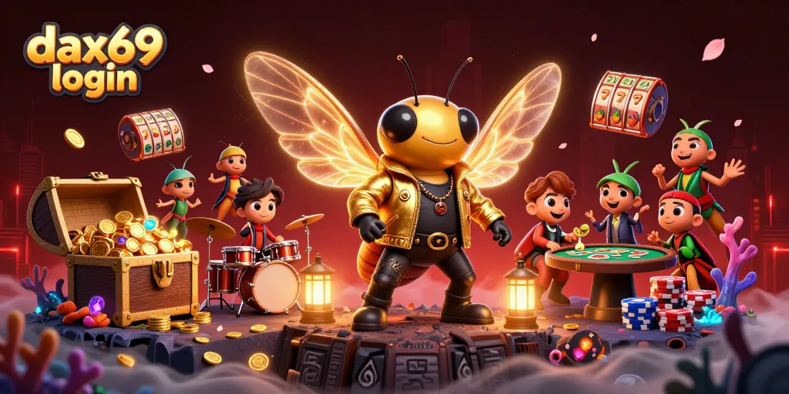 Ilustrasi 3D dax69 login yang menampilkan cicada rock star dan elemen kasino dinamis lainnya.