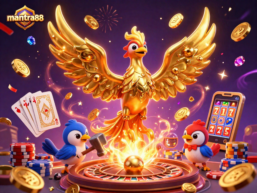Experience mantra88's thrilling gold rush with a molten phoenix showering coins in this vibrant casino illustration.
