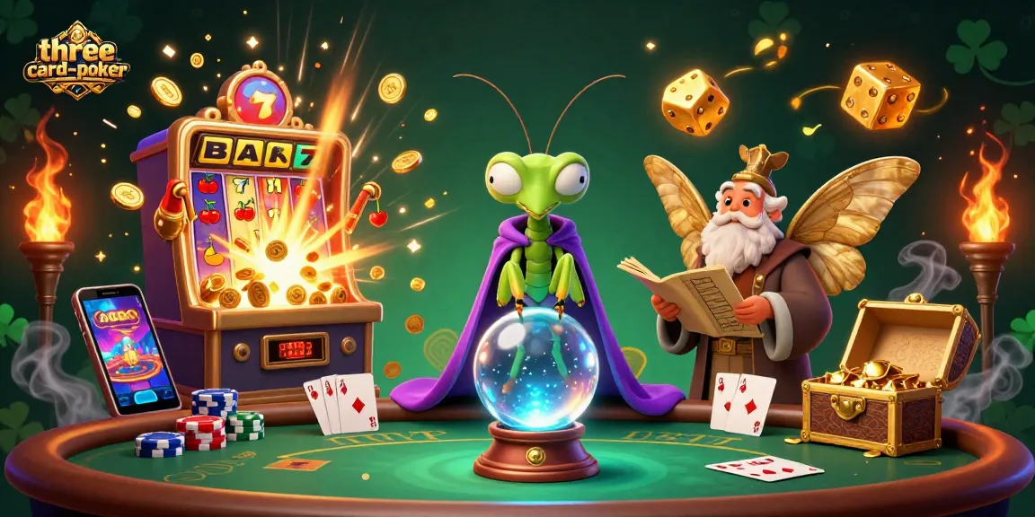 Engage with three-card-poker in this vibrant illustration of fortune tellers at play in a casino setting.