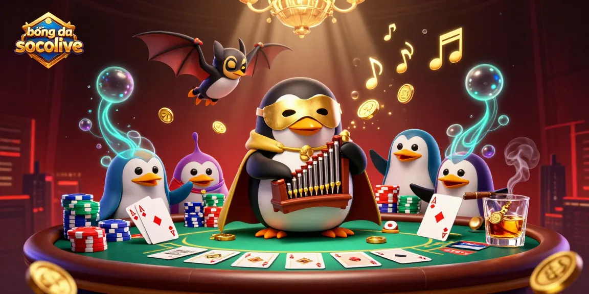 Experience xem bóng đá socolive with a vibrant illustration showcasing an opera penguin amidst gambling elements.