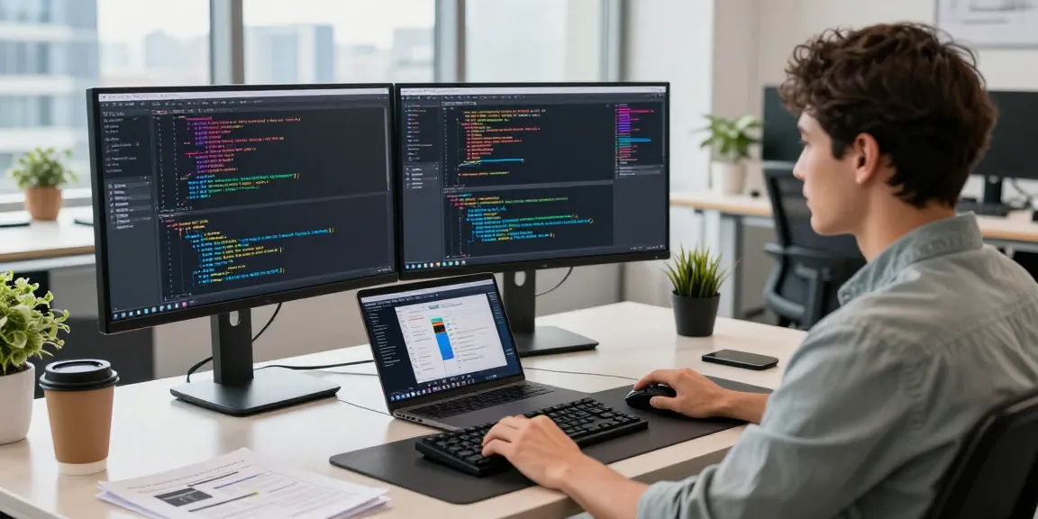 Software engineer coding at desk with dual monitors and city view at https://www.www456bd.com/ in a vibrant office.