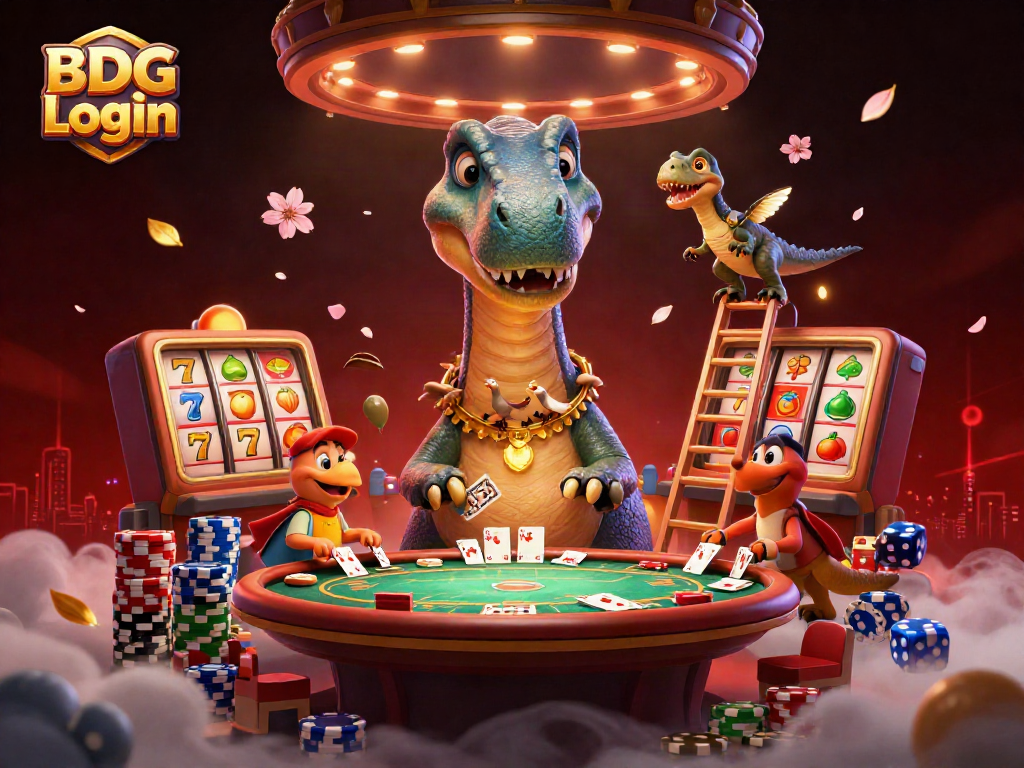 Engage with BDG Login at a vibrant casino scene with a giant brontosaurus and dynamic poker action.