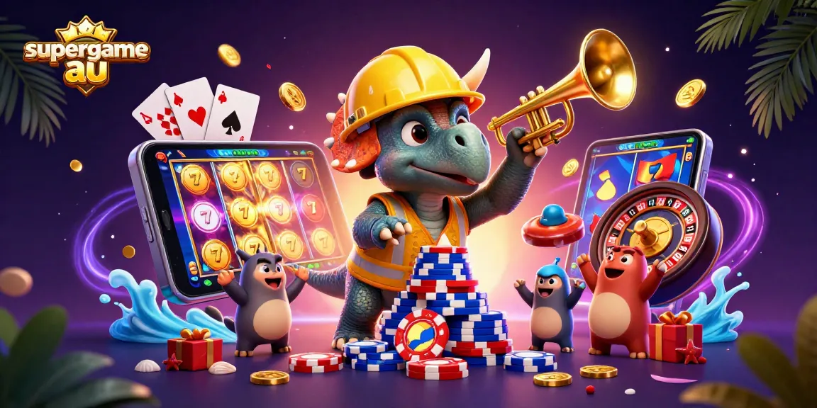 Celebrate wins at supergame au with colorful slot reels, poker chips, and vibrant gaming elements.
