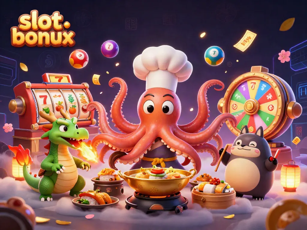 Engage with the slot bonus through vibrant casino elements and lively characters in a dynamic illustration.