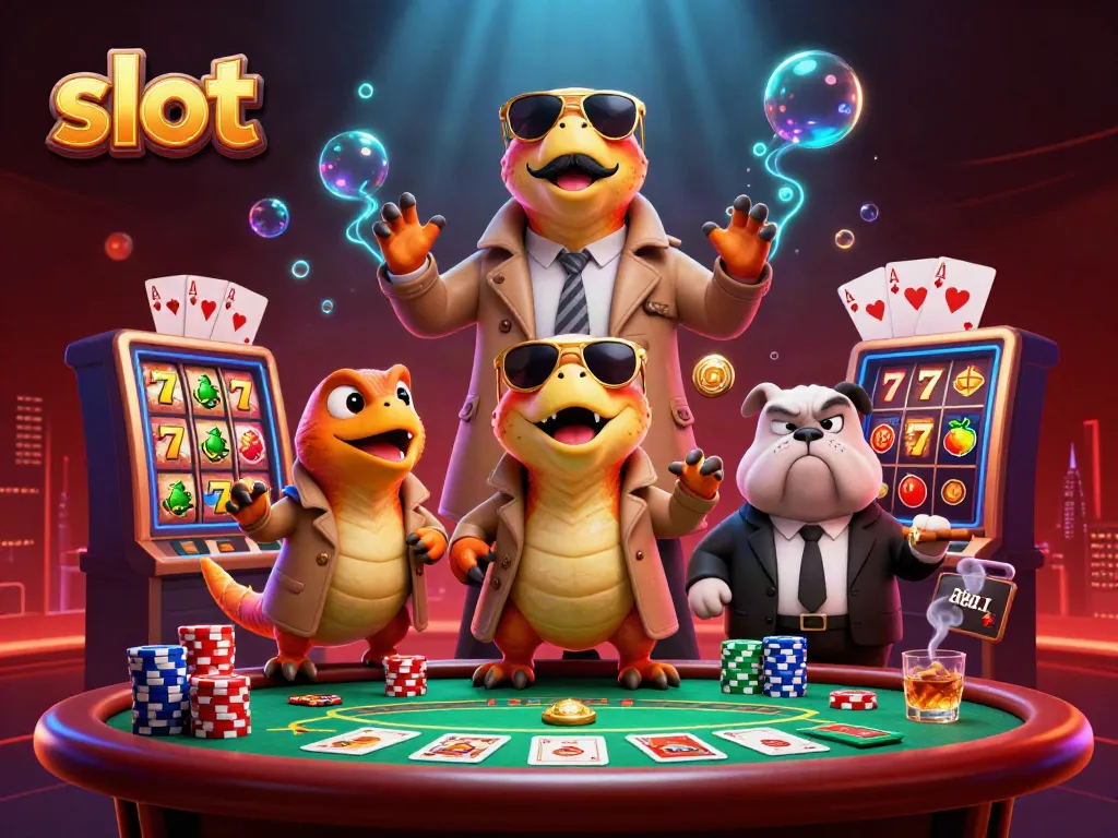 Slot mesin yang menarik dengan tiga raptor lucu dan pengawal anjing bulldog di kasino VIP